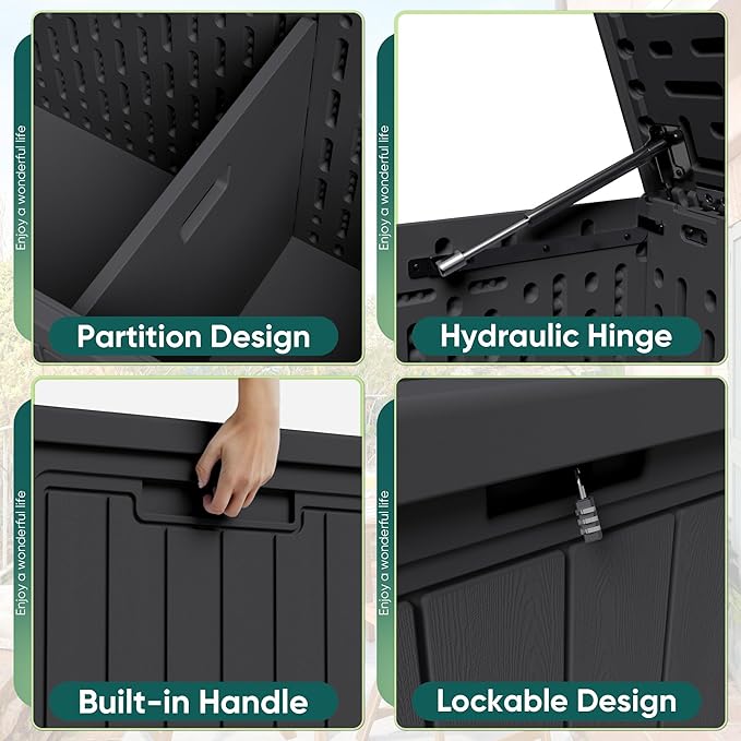 JUMMICO 160 Gallon Resin Outdoor Storage Deck Box with Divider, Waterproof Storage Box&Bench with Lockable Lid for Garden Tools, Pools Supplies (Black) - Image 2
