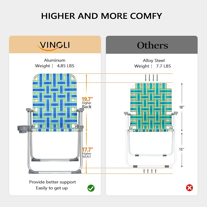 VINGLI Aluminum Patio Lawn Chairs Folding Set of 2 with Detachable Cup Holder, Webbed Beach Chair Folding Chair Outdoor Portable Camping Chair for Yard, Garden Blue alulawnchair - Image 3