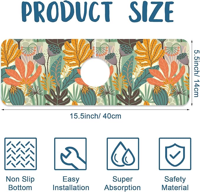 Abstract Leaves Sink Faucet Absorbing Mat Boho Leaves Super Absorbent Fast - Image 2