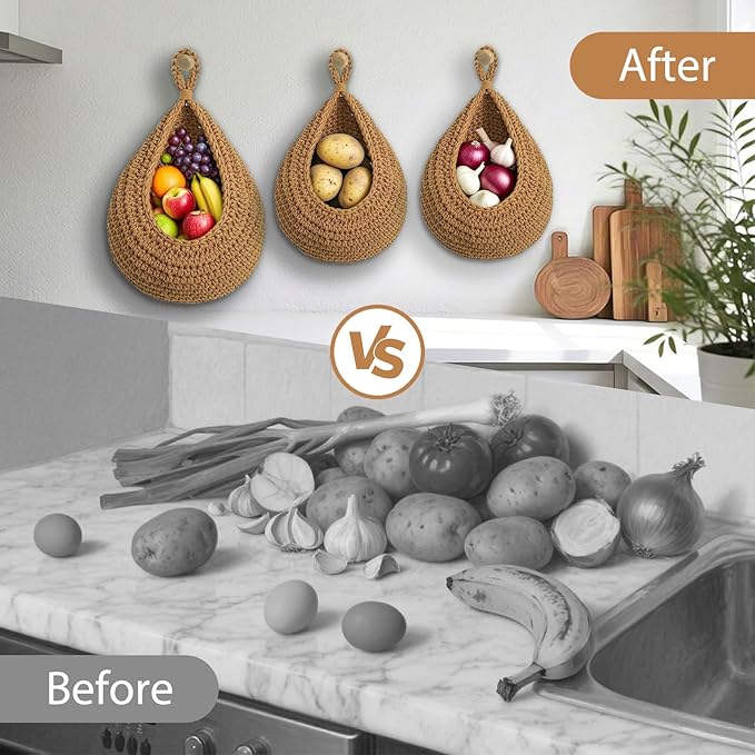 Hanging Fruit Baskets for Kitchen, 3 Pack Boho Cotton Rope Handwoven Vegetable - Image 4