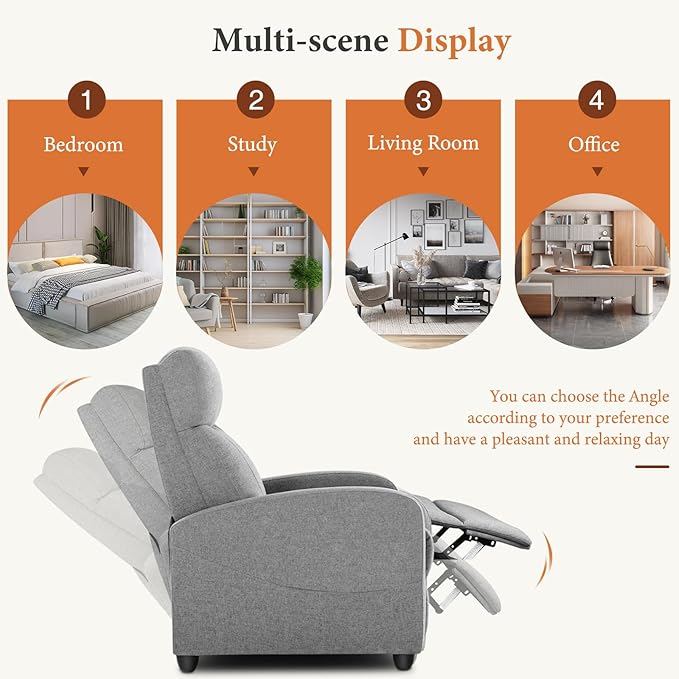 Sweetcrispy Recliner Chair Fabric Recliner Sofa No Massage, Home Theater Seating with Lumbar Support, Adjustable Push Back Overstuffed High-Density Sponge Reclining for Living Room, Slate Gray - Image 4
