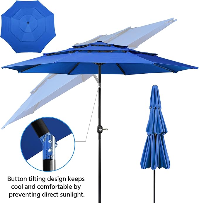 Yaheetech 3 Tier Patio Umbrella 10ft Vented Outdoor Large Market Table Umbrella with 8 Sturdy Ribs and 1.5" Umbrellla Pole, Double-layer Cloth & Push-button Tilting & Crank for Pool/Garden/Lawn Blue - Image 6