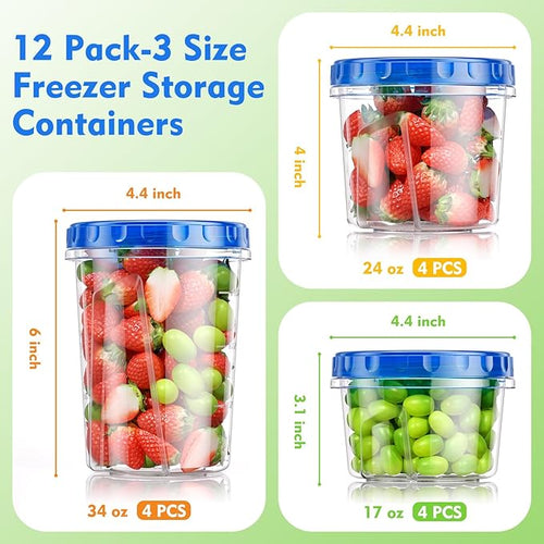 12 Pack- 34/24/17oz Freezer Storage Containers, Plastic Food Storage Containers - Image 2