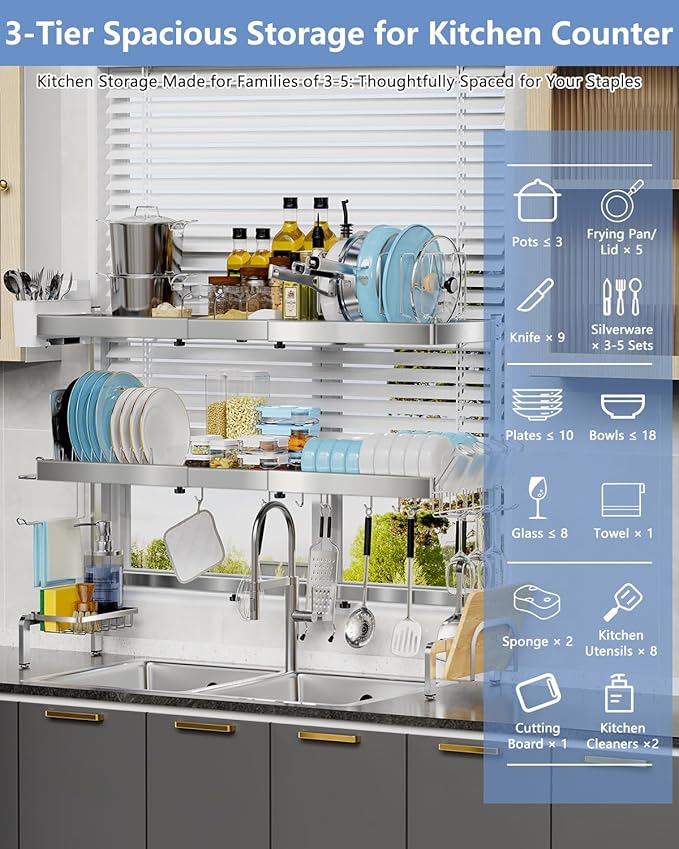 3 Tier Extra Large Over The Sink Dish Drying Rack, Expandable Stainless Steel - Image 3