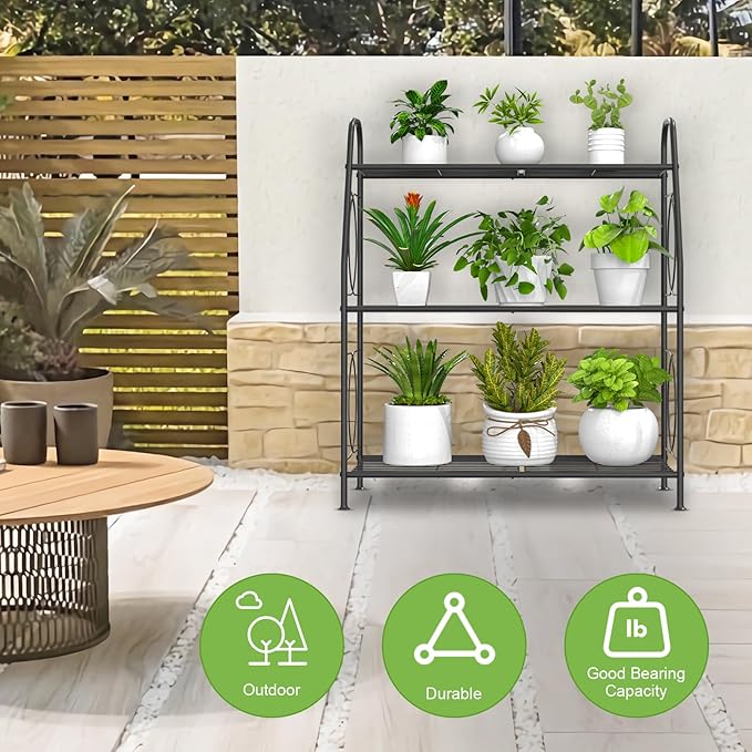 Plant Stand, 3 Tier Plant Shelf for Indoor Outdoor, Heavy Duty Metal Outdoor Plant Stand Holder Rack for Living Room Balcony and Garden, Iron Wire, Black - Image 3