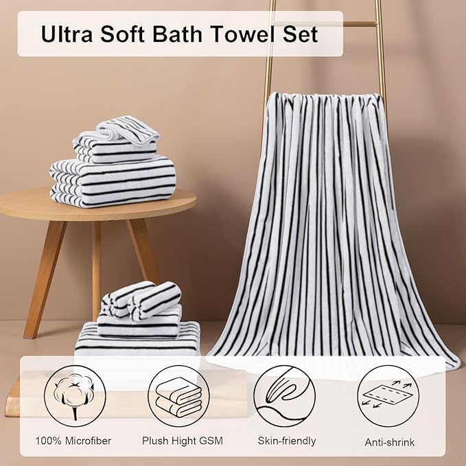 4 Pcs Black White Cabana Stripe Large Bath Towels 35"x70" Oversized Bath Sheet - Image 3
