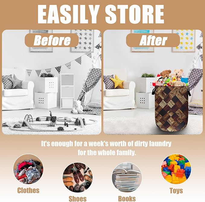 Wood Grain Laundry Basket, Foldable Tree Stump Laundry Hamper Tote Bag Dirty - Image 3