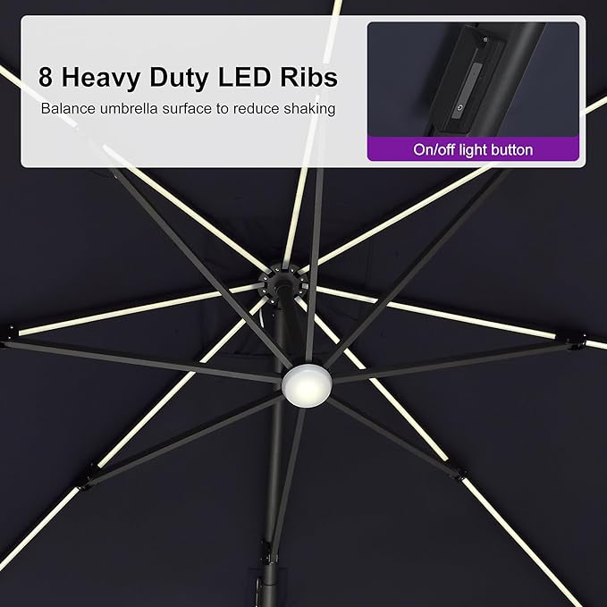 PURPLE LEAF 10 Feet Patio Umbrella with Base Outdoor Patio Solar Powered LED Swivel Square Umbrella Aluminum Offset Umbrella with 360-degree Rotation for Garden Deck Pool Patio, Navy Blue - Image 5