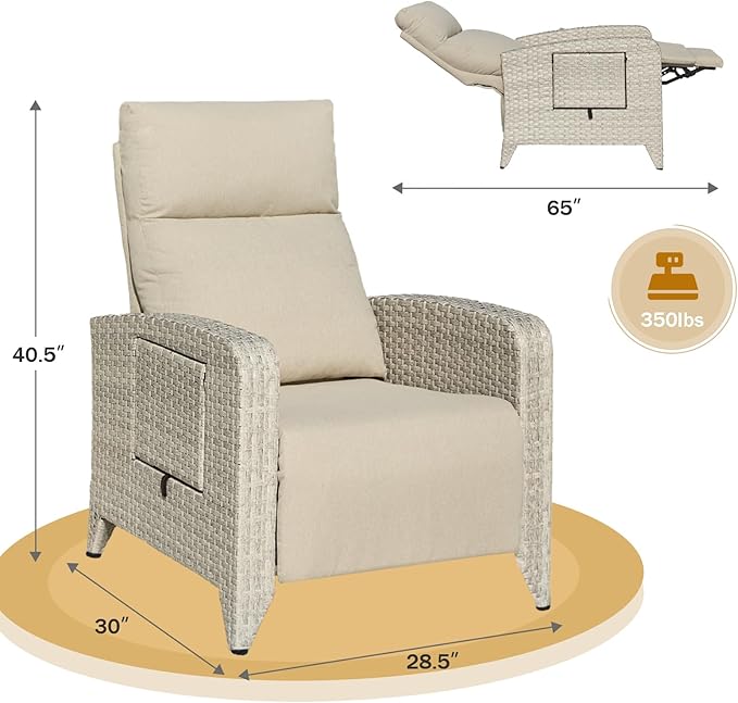 Upgraded Outdoor Recliner Chair, Reclining Patio Chairs with Adjustable Back up to 150°Lay Flat and Extended Footrest, Wicker Recliner Chairs with Flip Table and Removable Olefin Cushion - Image 2