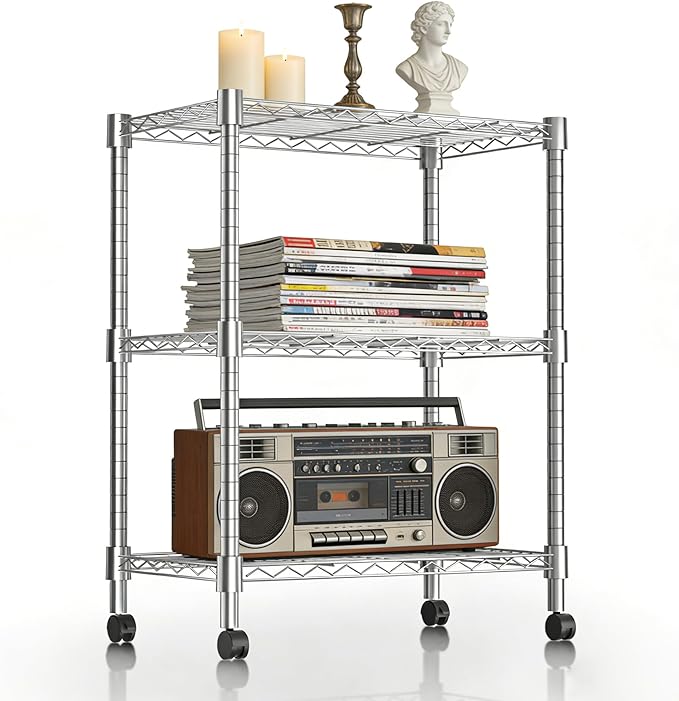 Xcity Storage Shelves, 3 Tier Heavy Duty Metal Shelving Unit with Wheels, 1050 LBS Capacity Adjustable Steel Wire Shelf Organizer for Pantry, Kitchen, Garage, 14" D x 24" W x 30" H, Chrome - Image 8