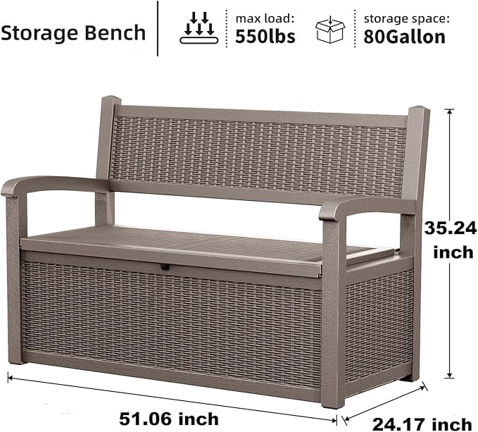 80 Gallon Outdoor Storage Bench Deck Box Waterproof Lockable,Outdoor Storage Furniture for Patio,Garden and Cushions(Gray) - Image 6