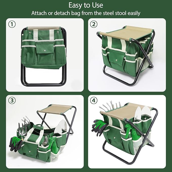 Garden Tool Set, 10 Piece Kit with Heavy Duty Folding Stool, Detachable Storage Tote Bag, Stainless Steel Tools, Gifts for Women Men Green - Image 7