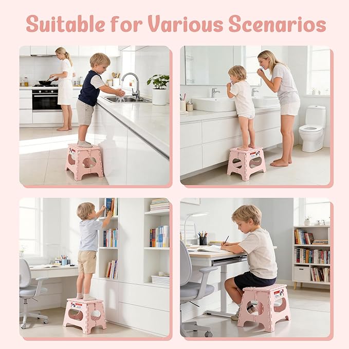 ACSTEP Folding Step Stool 11 Inch, Sturdy Plastic Foldable Step Stool for Kids & Adults, Non Slip Lightweight Collapsible Foot Stools Holds 300 lbs, Ideal for Kitchen, Bathroom, Bedroom, Light Pink - Image 2