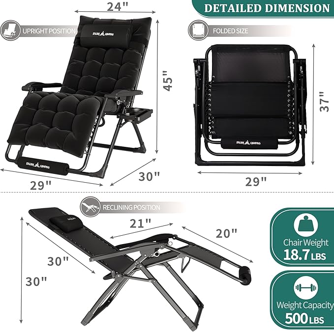 UDPATIO Oversized Zero Gravity Chair Set of 2, 29In XL Patio Reclining Chair with Cushion, Outdoor Folding Recliner with Pillows|Cup Holder|Foot Rest|Padded Headrest, Black, Support 500LB - Image 5