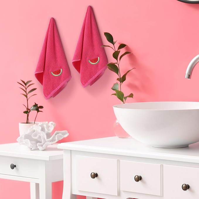 2 Pcs Watermelon Hand Towels Bright Pink Bathroom Decor 14x29 Inch Embroidered - Image 6