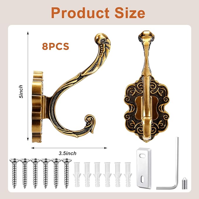 Zonon 8 Pcs Antique Gold Vintage Coat Hooks Decorative Towel Hooks - Image 2