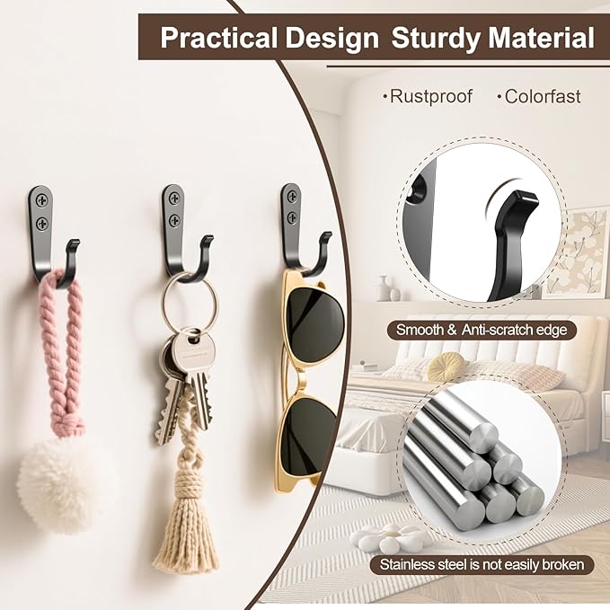 20-Pack Towel Hooks for Bathroom, Heavy Duty Black Metal Wall Hooks for Robe - Image 2