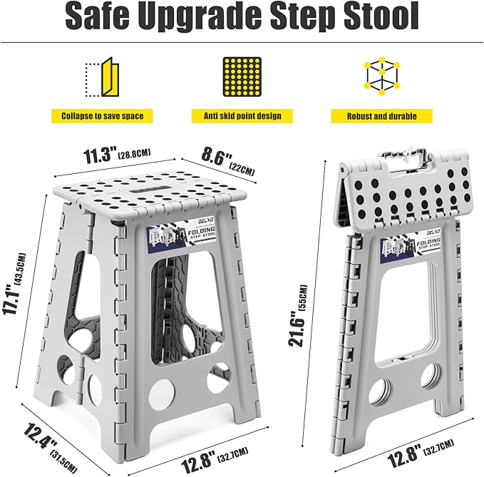Delxo Folding Step Stool 17.5 Inch,Heavy Duty Step Stools for Adults,Non Slip Folding Stool with Handle,Premium Portable Foldable Step Stool for Kitchen Bathroom Bedroom Up to 400LBS,(Grey,1PC) - Image 6
