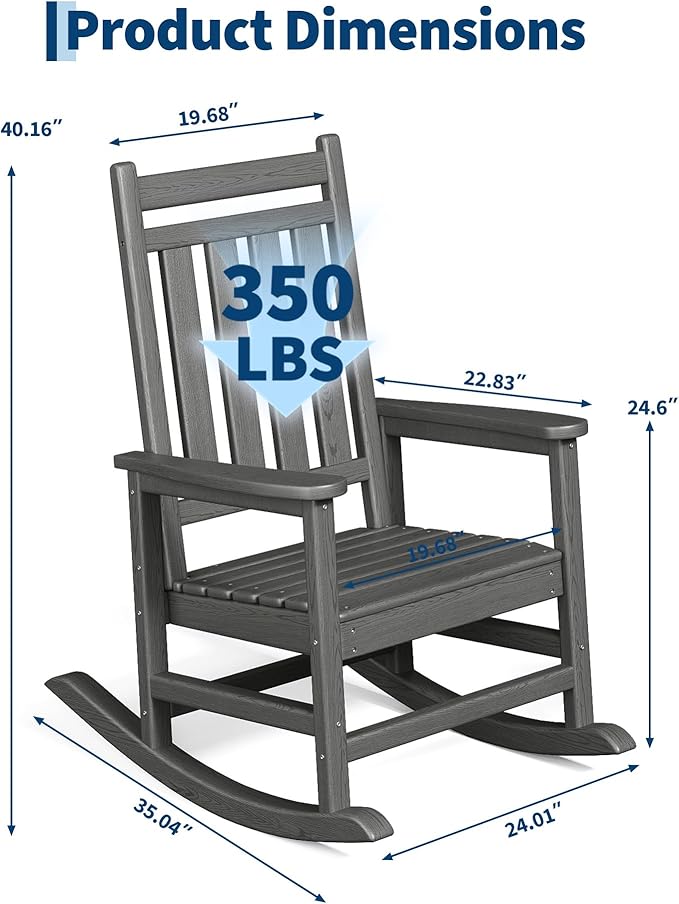 HDPE Rocking Chair Outdoor Set of 4 - Poly High Back Porch Rocker Chairs for Adults - All Weather Resistant Furniture for Patio Front Porch - Gray - Image 2