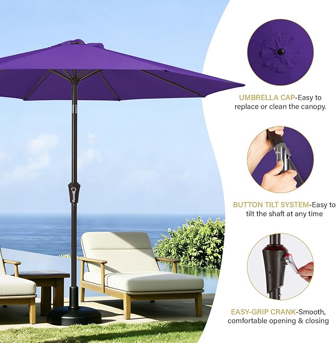 MEWAY 9ft Patio Umbrella Outdoor Table Umbrellas with Push Button Tilt and Crank, Market Umbrella 8 Sturdy Ribs for Deck, Garden, Pool and Backyard, Dark Purple - Image 6