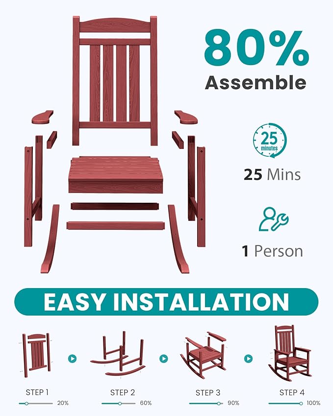 SERWALL Oversized Outdoor Rocking Chair, All-Weather Patio Rocking Chair, HDPE Porch Rocker for Adults, Red - Image 6