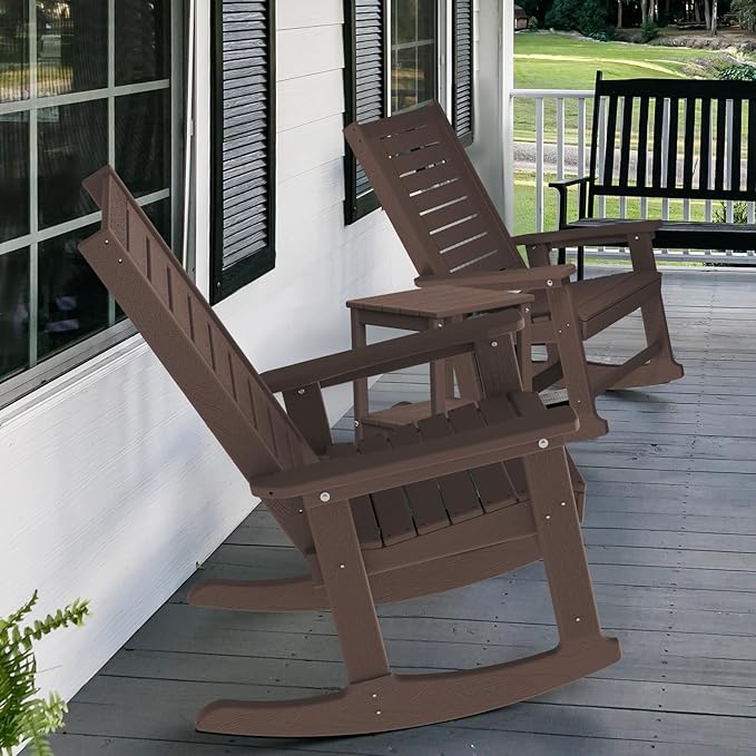 GREENVINES Outdoor Rocking Chair Set | 3-Piece | Dark Brown Wood Grain | 2 Rocking Chairs with 1 Side Table | Porch Rocker | HDPE Plastic | Patio Furniture Sets - Image 2