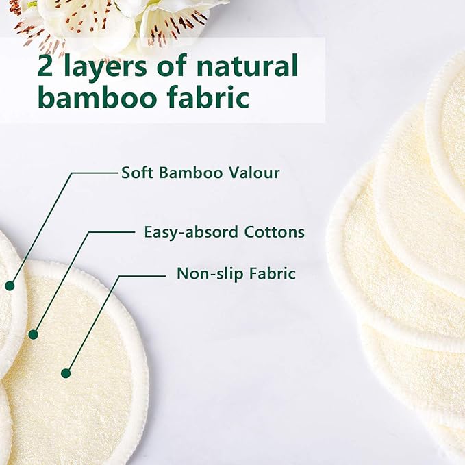 20 Packs Organic Reusable Makeup Remover Pads, Washable Bamboo Cotton Rounds - Image 3