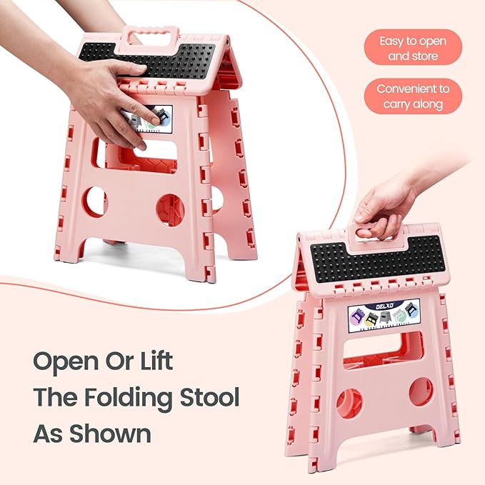 Delxo Folding Step Stool 13 Inch,Non-Slip Foldable Stools for Kids & Adults Up to 300 LBS,Kitchen Collapsible Fold Up Stepping Stool with Dotted 1 Pack,Pink - Image 6