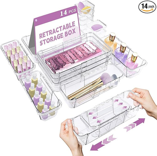 14 Pcs Clear Drawer Organizer, Adjustable Drawer Storage Box, 3-Size Desk by Hiitytin
