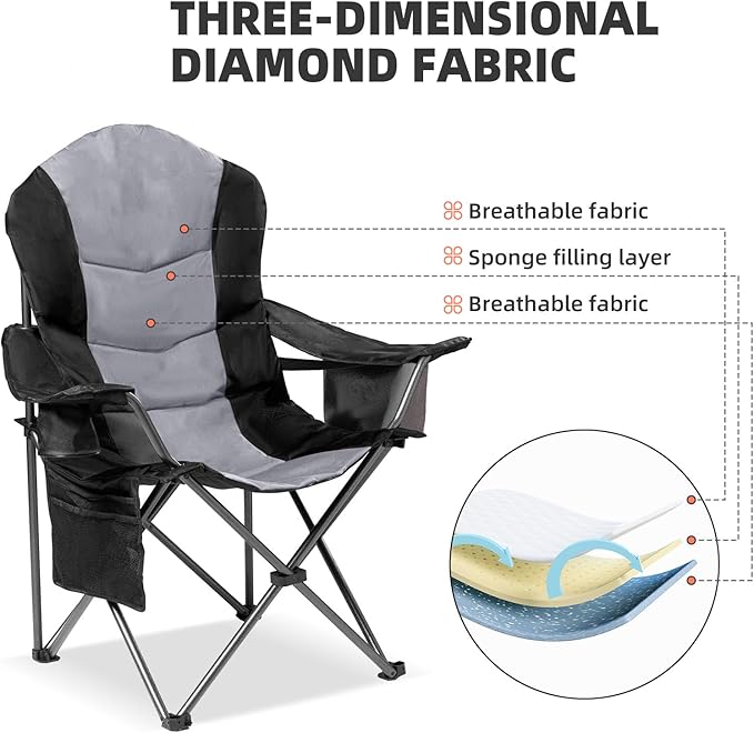 2 Pack Folding Camping Chairs for Adults - High Back Padded Outdoor Lawn Chairs with Lumbar Support & Cup Holder, 400lbs Heavy Duty Portable Camping Chairs Set (Black & Light Gray) - Image 9
