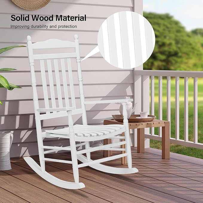 VINGLI Wooden Rocking Chair, Outdoor Chair with 450 lbs Support (White, 1PC) - Image 6