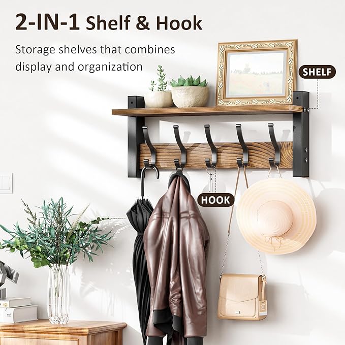 Coat Rack Wall Mount with Shelf, 17.1 Inch Coat Hanger, Entryway Wall Key Holder - Image 4