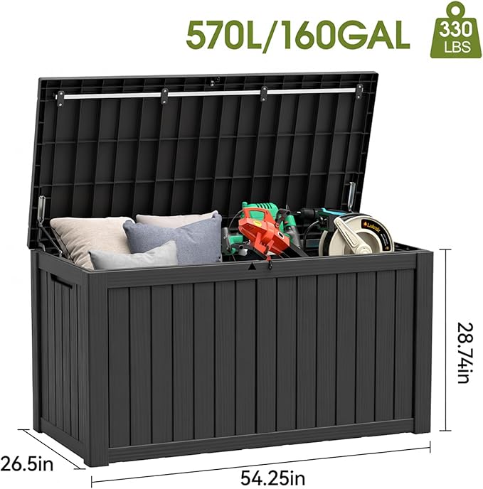 Outdoor Storage Box, Resin Deck Boxes Indoor and outdoor, Waterproof Storage Box Lockable Lid (Black, 160 Gallon) - Image 2