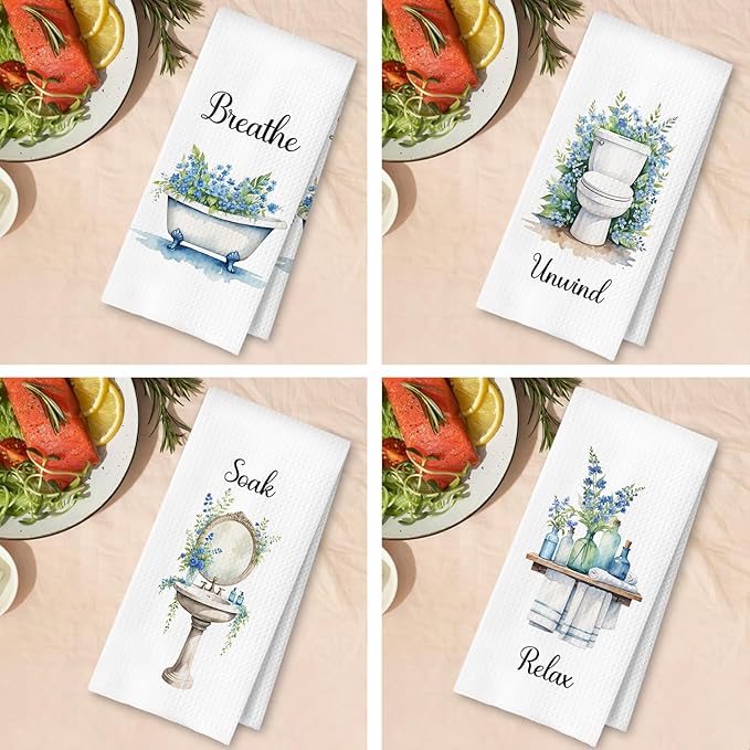 Farmhouse Blue Botanical Bathroom Hand Towels, Rustic Cottagecore Relax Breathe - Image 4
