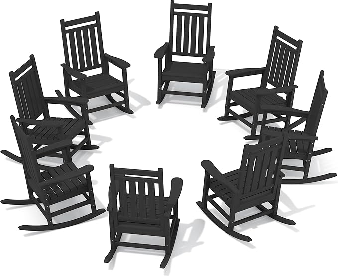 SERWALL HDPE Outdoor Rocking Chair Set of 8, Patio Rocking Chairs for Adults, All Weather Outdoor Rockers for Lawn, Black by SERWALL