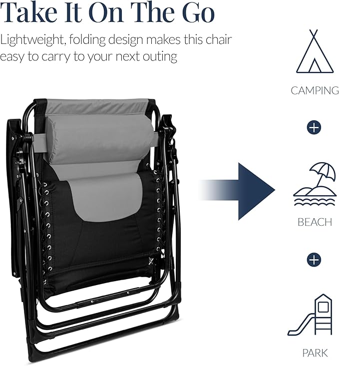 Best Choice Products Oversized Padded Zero Gravity Chair, Folding Outdoor Patio Recliner, XL Anti Gravity Lounger for Backyard w/Headrest, Cup Holder, Side Tray, Polyester Mesh - Gray - Image 6