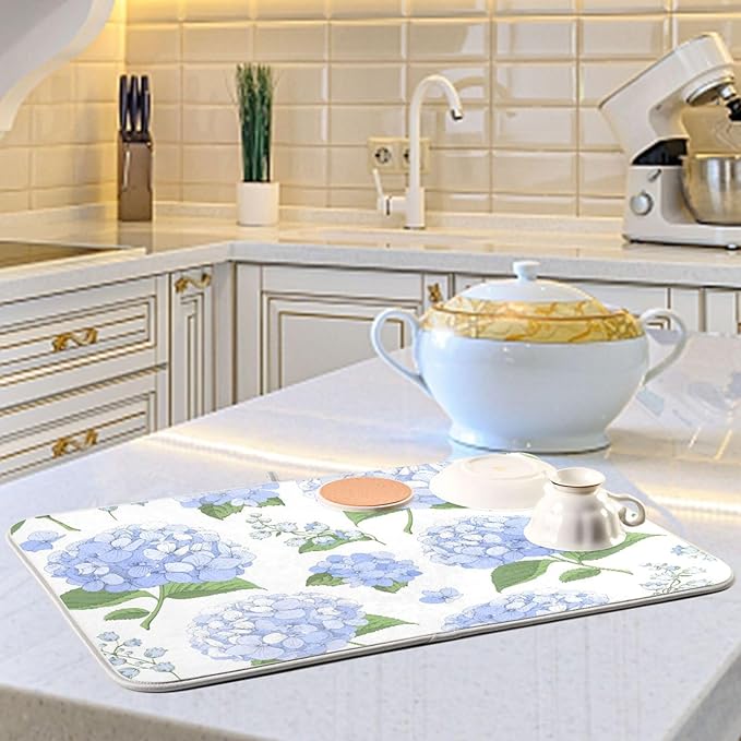 Blue Hydrangea Flowers Dish Drying Mat Super Absorbent Drying Mat Large Coffee - Image 6