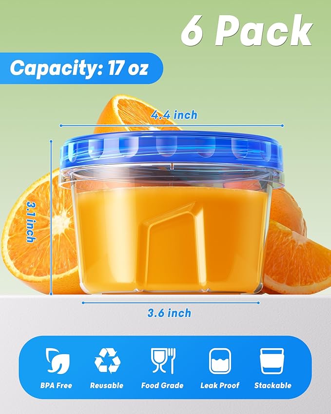 6 Pack-17oz Freezer Storage Containers, Plastic Food Storage Containers - Image 2