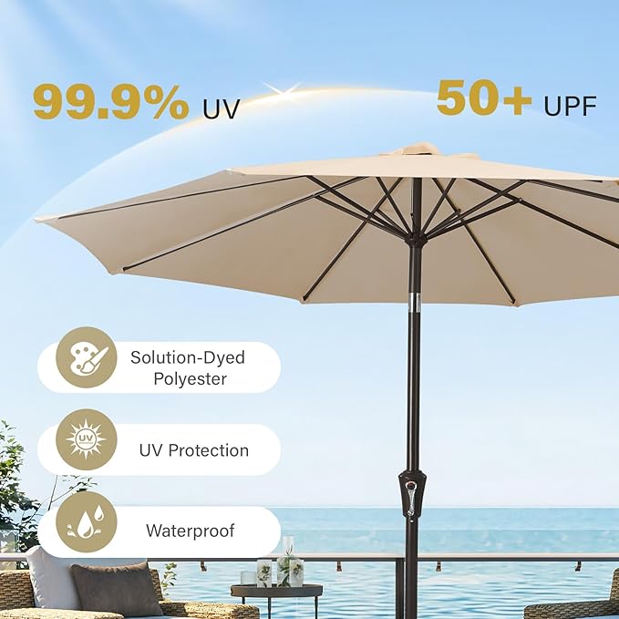MEWAY 9ft Patio Umbrella Outdoor Table Umbrellas with Push Button Tilt and Crank, Market Umbrella 8 Sturdy Ribs for Deck, Garden, Pool and Backyard, Cream Beige - Image 5