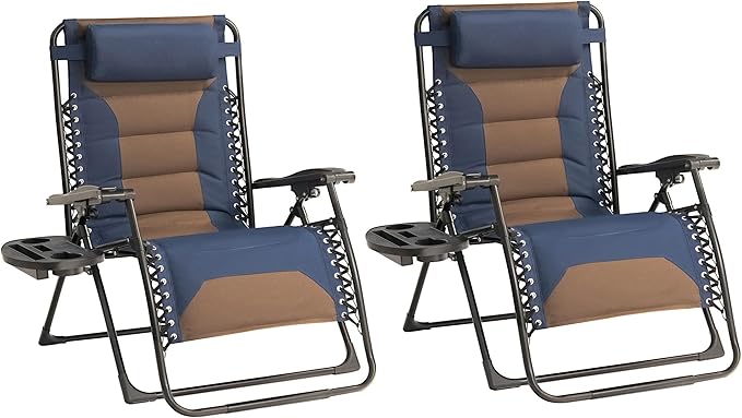 Zero Gravity Chair Set of 2 Oversized Padded Recliner with Adjustable Headrest & Cup Holder - 600D Oxford Folding Lounge Chair for Outdoor Camping, Patio, Poolside (Brown & Blue) by Unknown