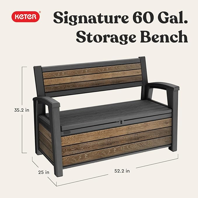 Keter Signature 60 Gallon Storage Bench Deck Box for Patio Furniture, Front Porch Decor and Outdoor Seating – Perfect to Store Garden Tools, Walnut - Image 2