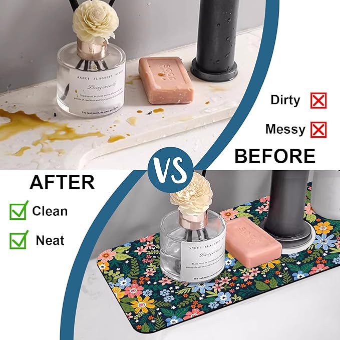 Colorful Flower Sink Splash Guard Faucet Mat Flowers Leaves Super Absorbent - Image 6