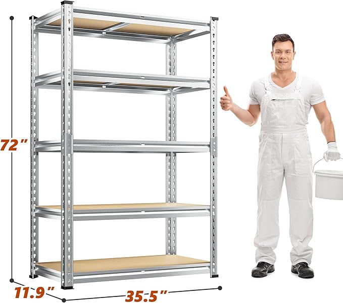 REIBII Garage Shelving, 5 Tier Storage Shelves Load 2400LBS, Adjustable Garage Shelving Heavy Duty, Metal Shelves Unit with Waterproof Columns, 35.5" W x 11.9" D x 72" H, Galvanized, 2 Pack - Image 3
