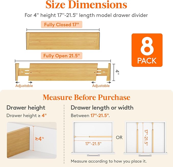 Lifewit 4" High 8 Pack Bamboo Drawer Dividers 43-54cm/17-21.5" Adjustable - Image 2