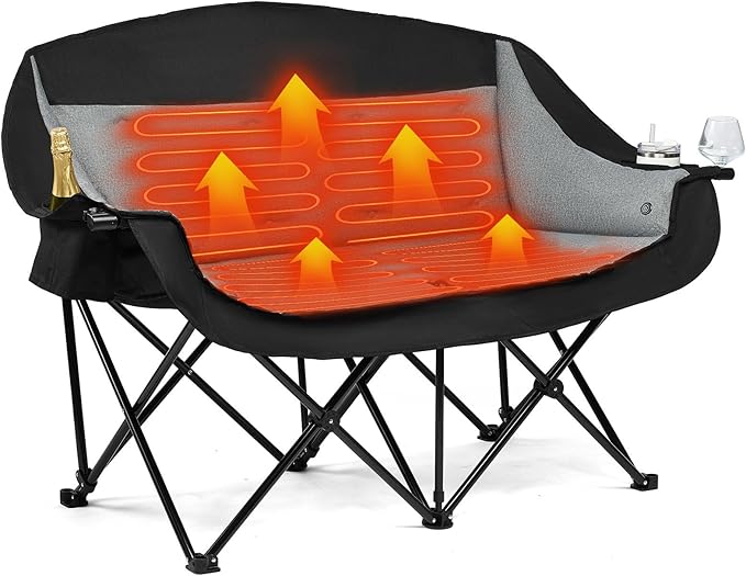 Heated Double Camping Chair - Heated Loveseat Chair for 2 Person Heavy Duty Oversized Padded Camping Couch for Adults Outdoor Sports Lawn Portable Folding Chairs by PUVASIA