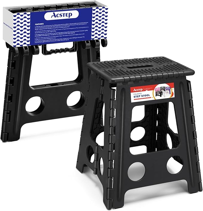 ACSTEP 16 Inch Folding Step Stool for Adults and Kids, Non-Slip Plastic Foldable Stepping Stool, Collapsible Folding Stool with Handle Holds Up to 400lbs for Kitchen, Dot Black (1 Pack) by ACSTEP