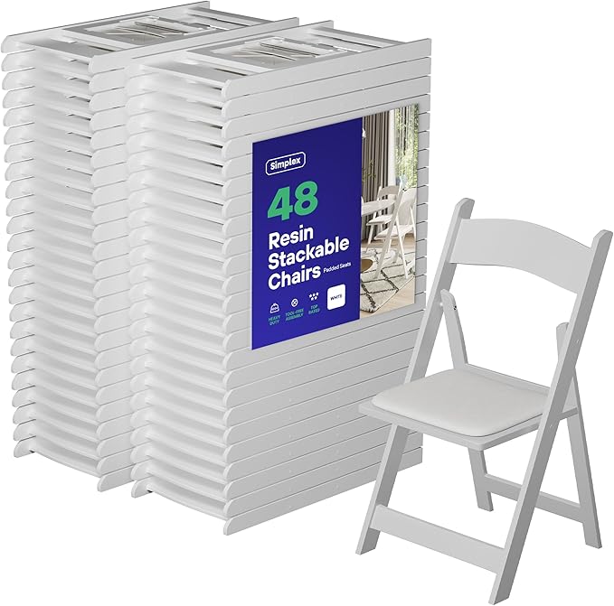 SIMPLEX 48 White Folding Chairs – Resin Stackable Foldable Chairs with Padded Seats – Comfortable White Folding Chairs for Indoor/Outdoor Events – Lightweight Resin Chairs (48 Pack) by Simplex