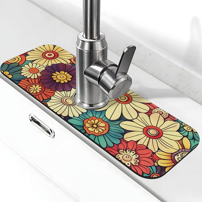 Kitchen Faucet Mat 15 x 5.5 Inch Abstract retro flower Faucet Draining Mat by Neonvane