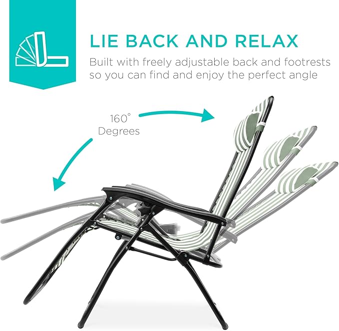 Best Choice Products Set of 2 Adjustable Steel Mesh Zero Gravity Lounge Chair Recliners w/Pillows and Cup Holder Trays - Sage Green Striped - Image 3