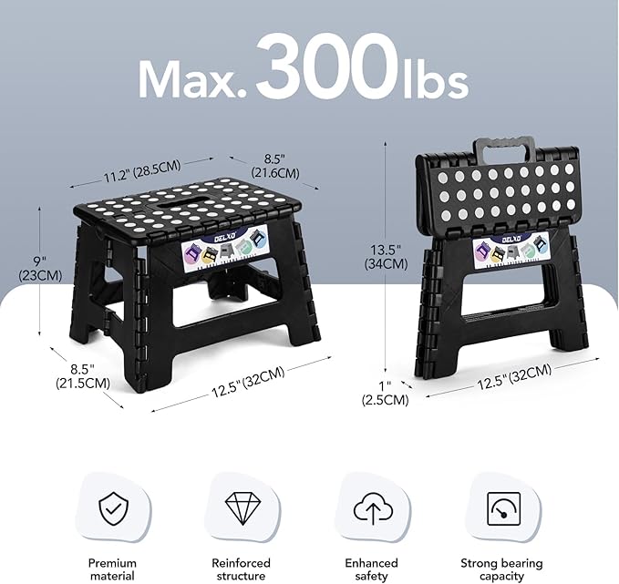 Delxo 9 Inch Folding Step Stool, Black Step Stools for Kids Foldable,Portable Collapsible Step Stool with Handle, Folding Stool for Kitchen Bathroom,Bedroom,Garden - Image 2